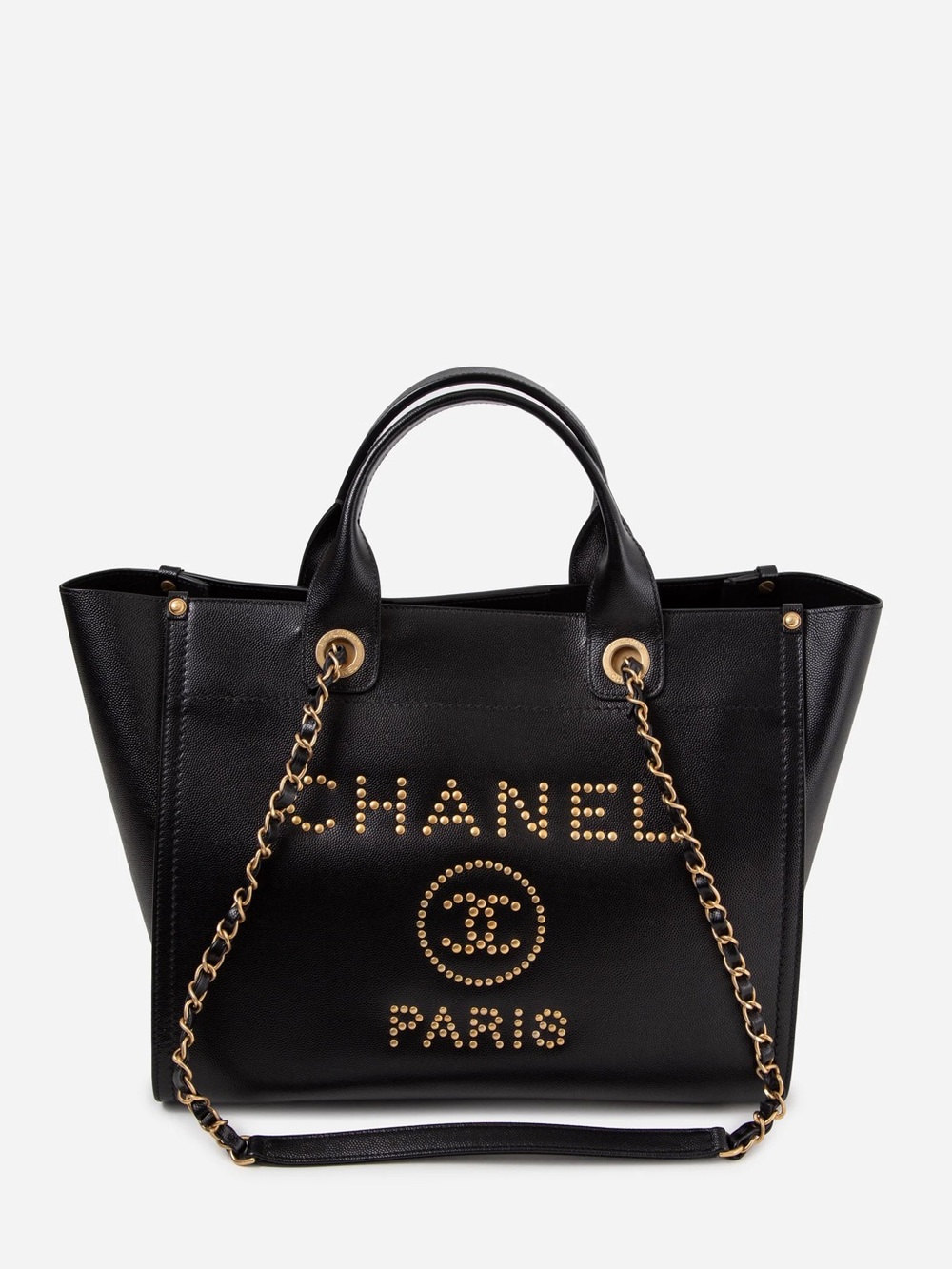 Pre-Owned Chanel 2019 Black Caviar Small Studded Deauville Tote